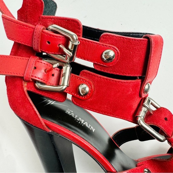 Giuseppe Zanotti For Balmain Red Suede Buckle Strappy Sandals Size 38 - Picture 13 of 14